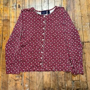 Crazy Horse Top Women's Large Red Floral Long Sleeve Round Neck Button Front